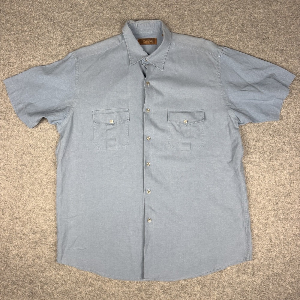 Tasso Elba Mens Linen Tencel Lyocell Short Sleeve Button Up Shirt Blue Size L